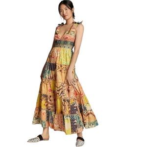 NEW Anthropologie Geisha Designs Floral Patchwork Print Beaded Tiered Maxi Dress